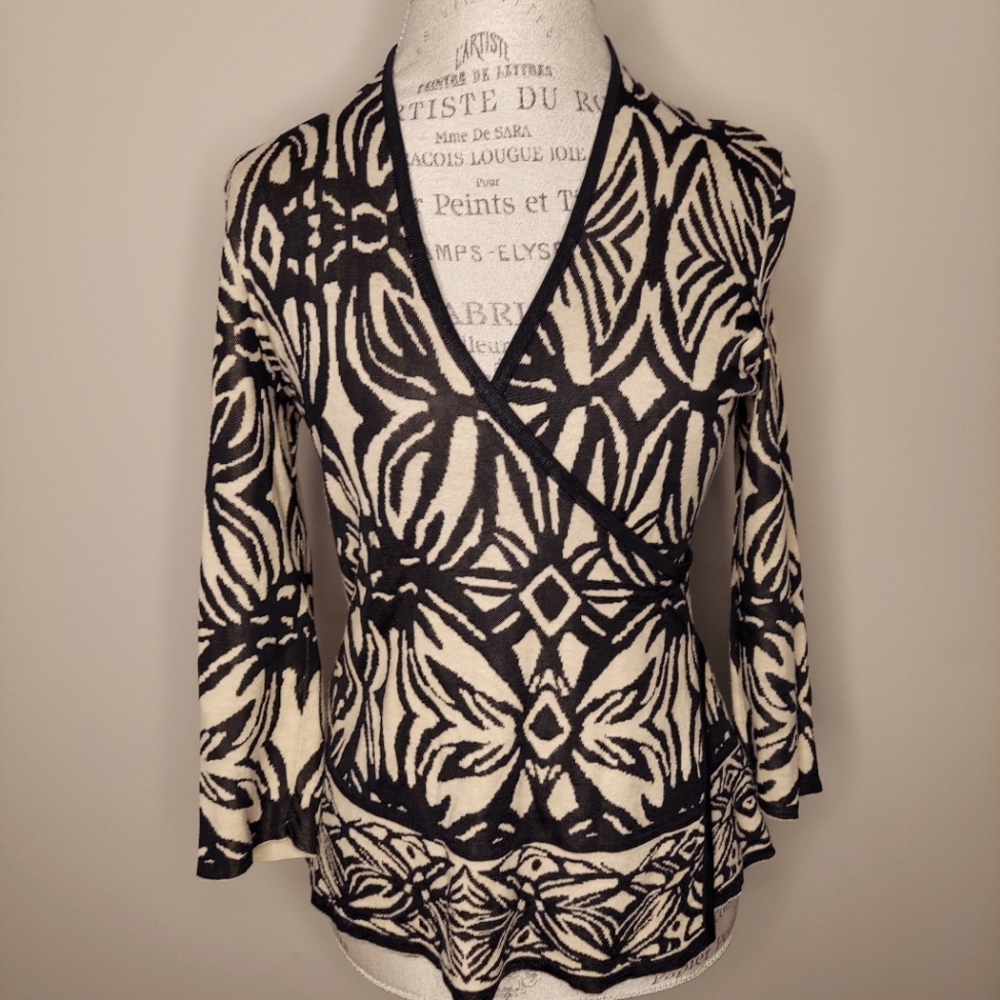 Nic+Zoe Tan/Black Knit Faux Wrap Tunic Top Size Small